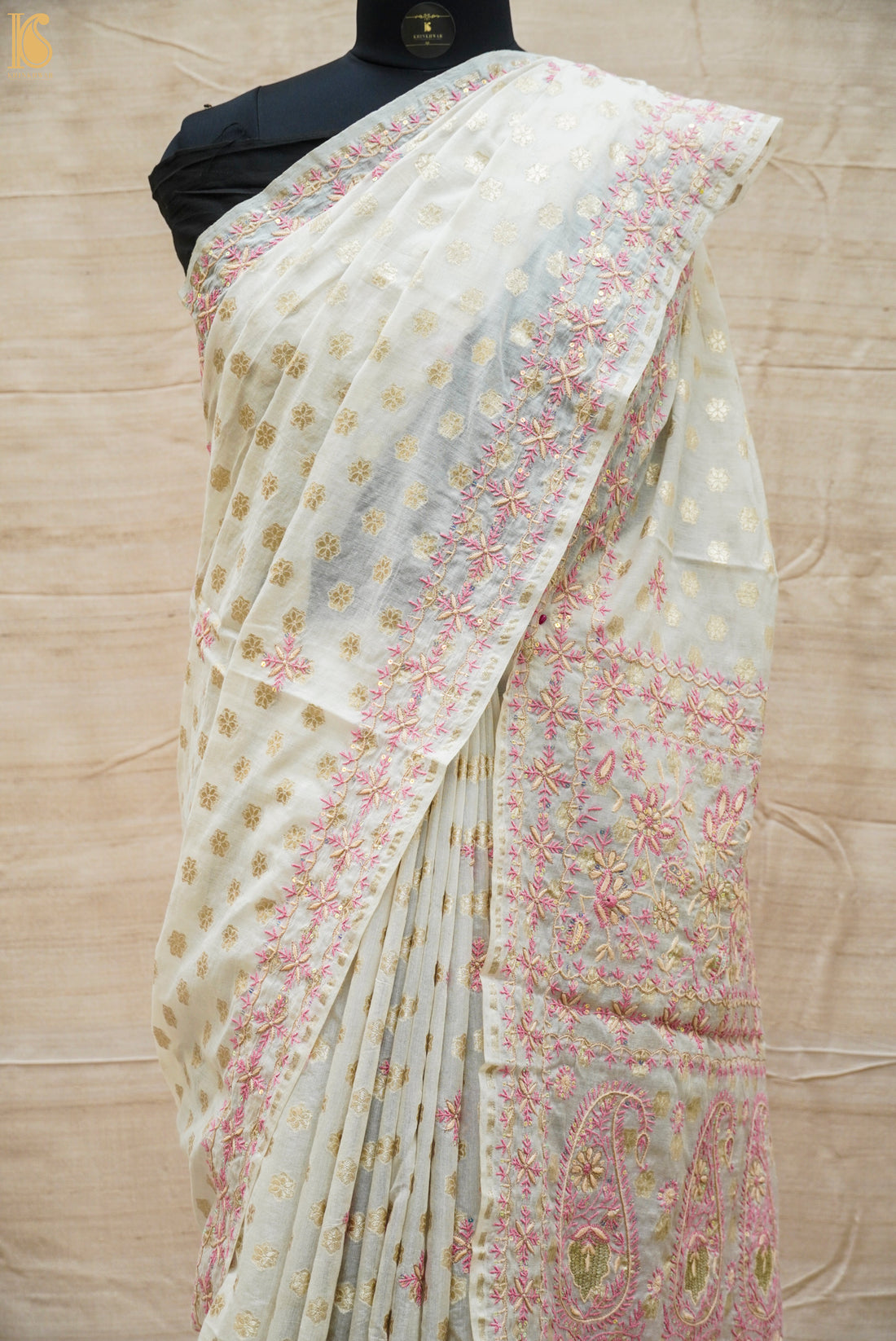 White Chikankari Work Pure Chanderi Banarasi Saree - Khinkhwab