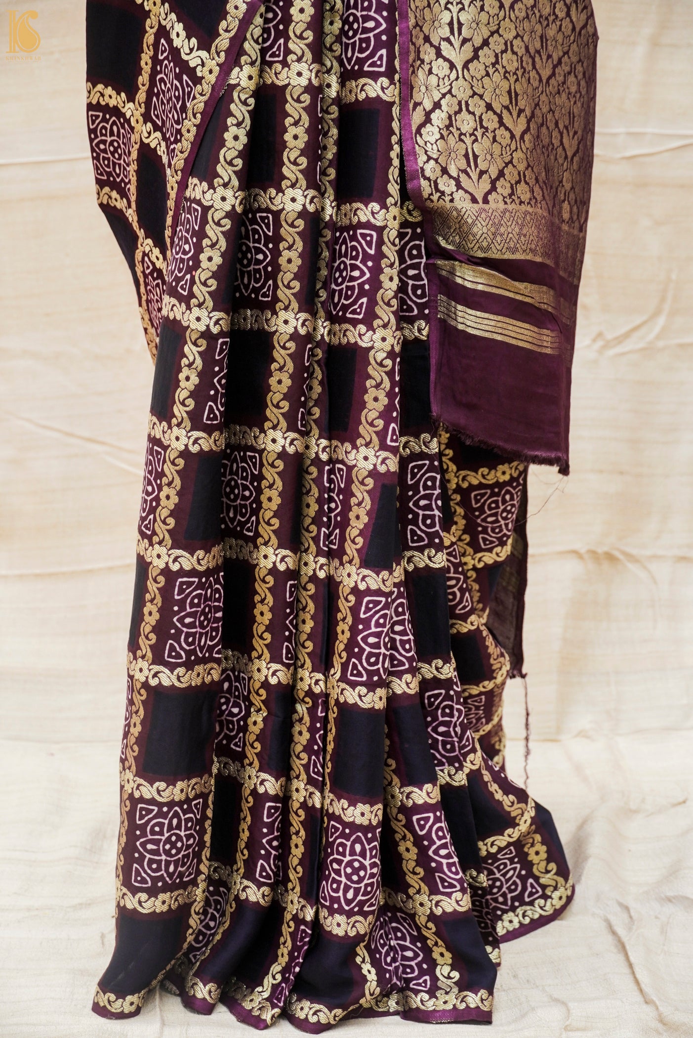 Eminence Purple Hand Block Ajrakh Modal Silk Gharchola Saree - Khinkhwab
