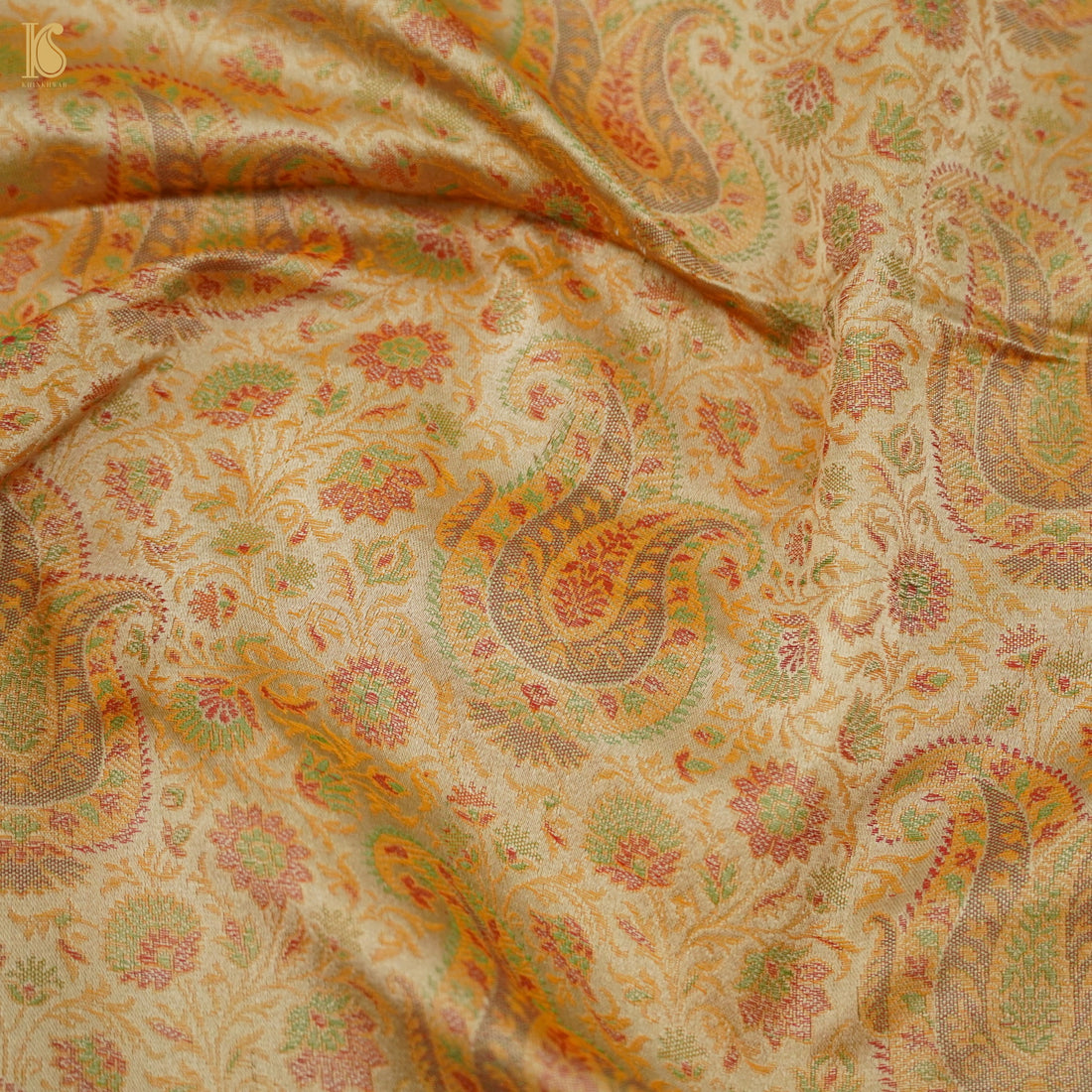Beige Pure Banarasi Silk Handwoven Tanchui Fabric - Khinkhwab