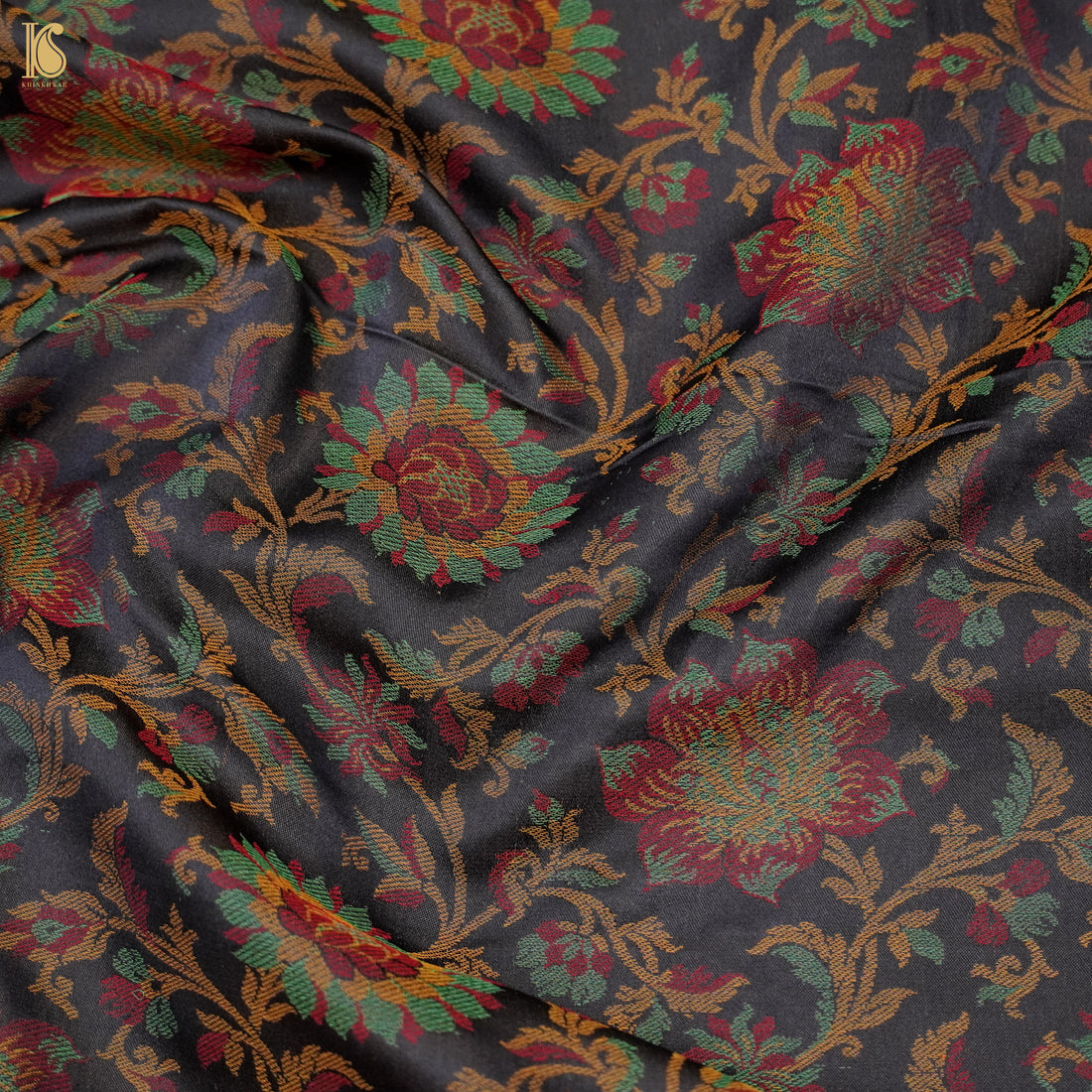 Black Pure Banarasi Silk Handwoven Tanchui Fabric - Khinkhwab