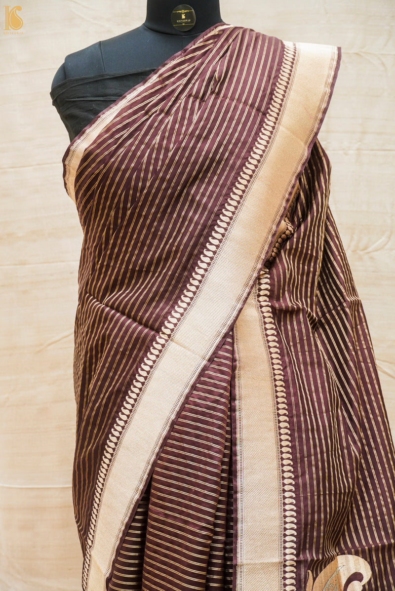 Congo Brown Pure Kora Silk Handloom Banarasi Soft Drape Saree - Khinkhwab