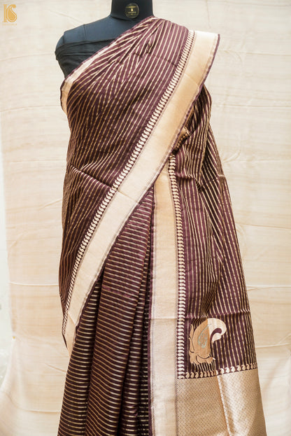 Congo Brown Pure Kora Silk Handloom Banarasi Soft Drape Saree - Khinkhwab