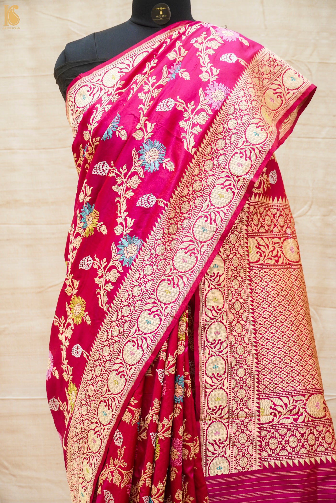 Handwoven Pure Katan Silk Pink Kadwa Jaal Banarasi Saree - Khinkhwab
