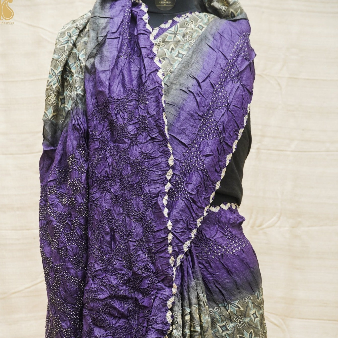 Pure Tussar Silk Saree with Bandhani &amp; Ajrakh - Khinkhwab