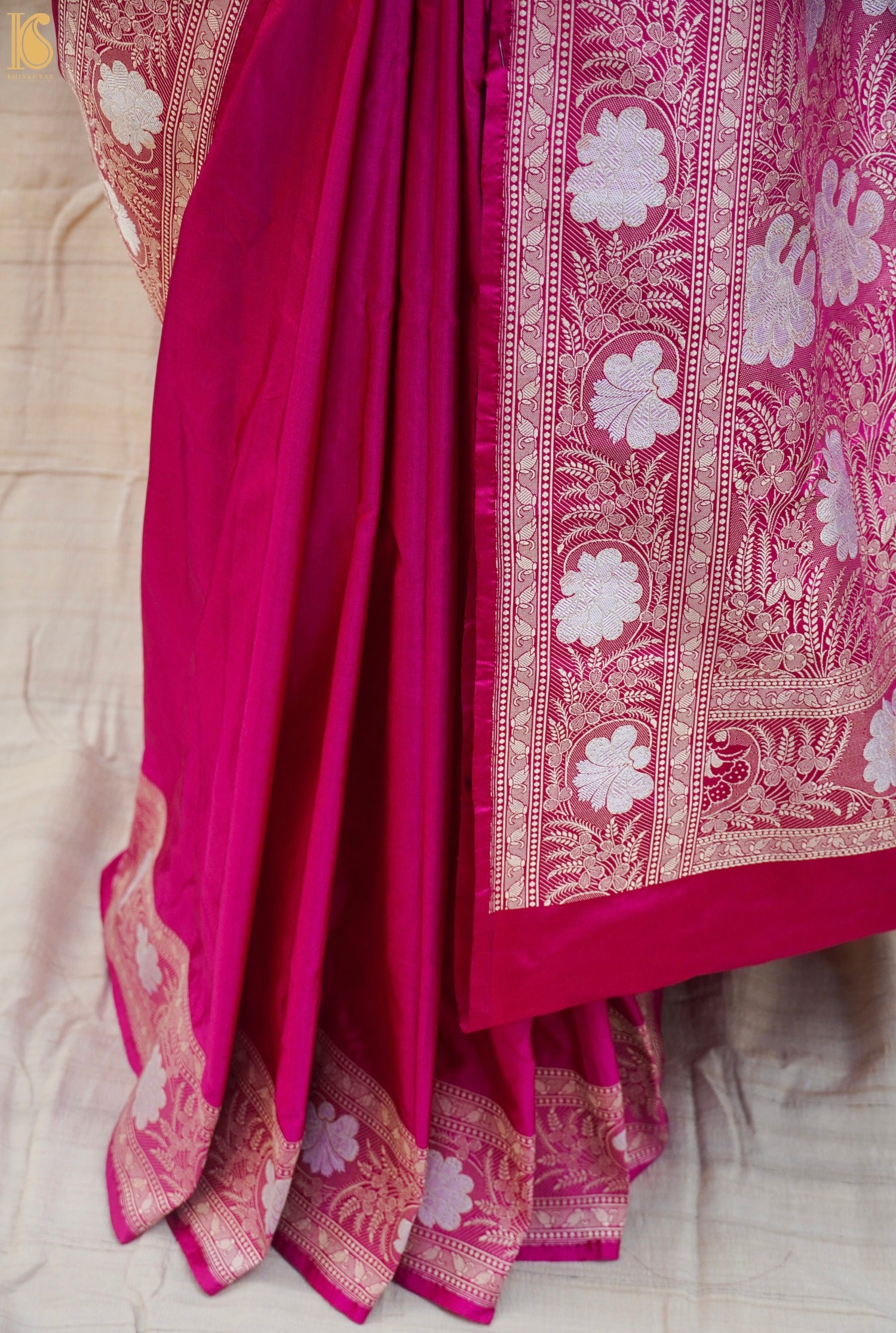 Wild Strawberry Katan Silk Handloom Banarasi Kadwa Border Saree - Khinkhwab