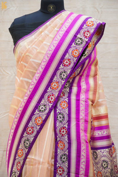 Cashmere Pure Kora Silk Handloom Banarasi Saree With Katan Border - Khinkhwab