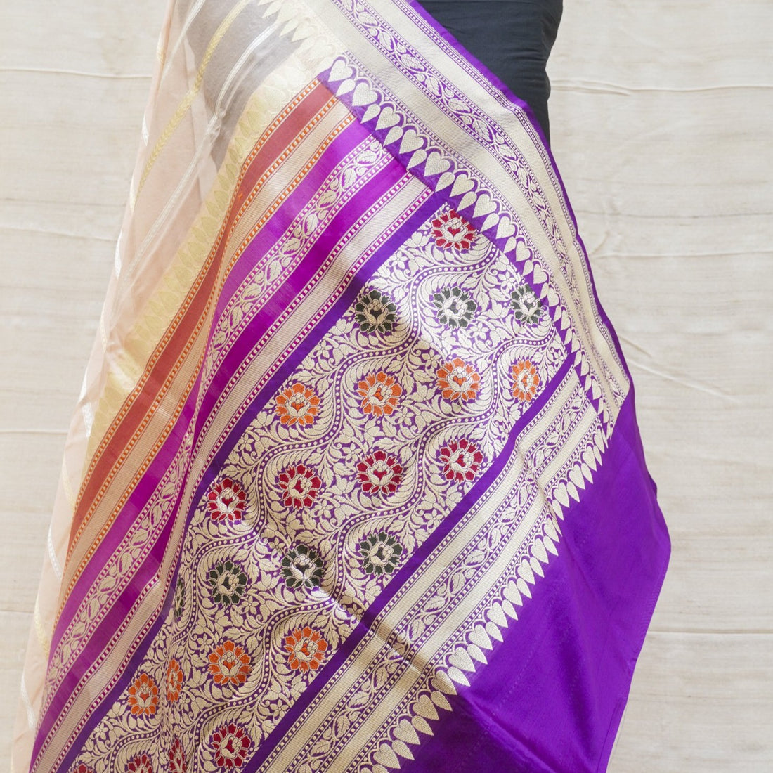 Cashmere Pure Kora Silk Handloom Banarasi Saree With Katan Border - Khinkhwab