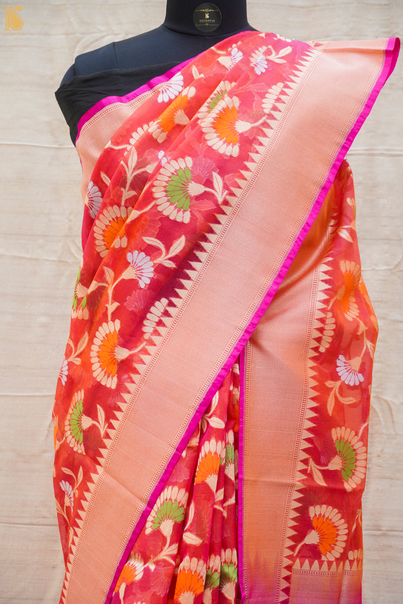 Pink & Red Pure Kora Handloom Banarasi Jaal Saree - Khinkhwab