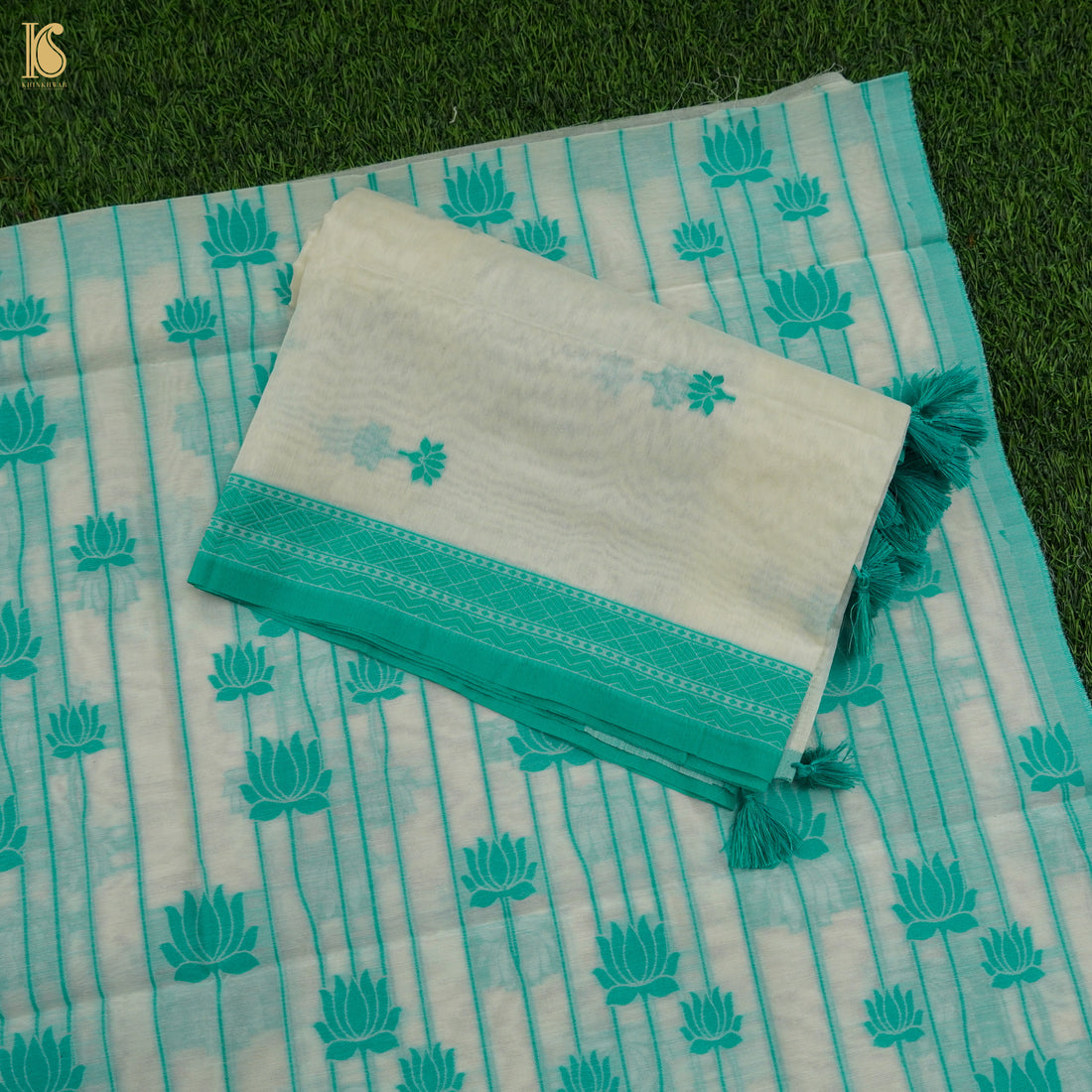 White & Green Pure Cotton Silk Banarasi Suit Set - Khinkhwab