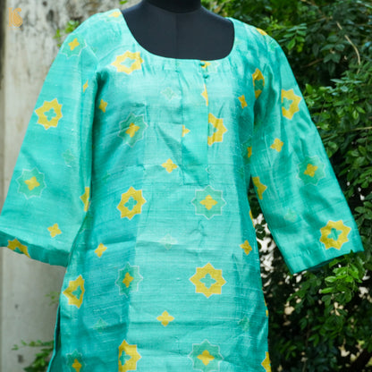 SITARA - Turquoise Pure Raw Silk Print Fabric - Khinkhwab