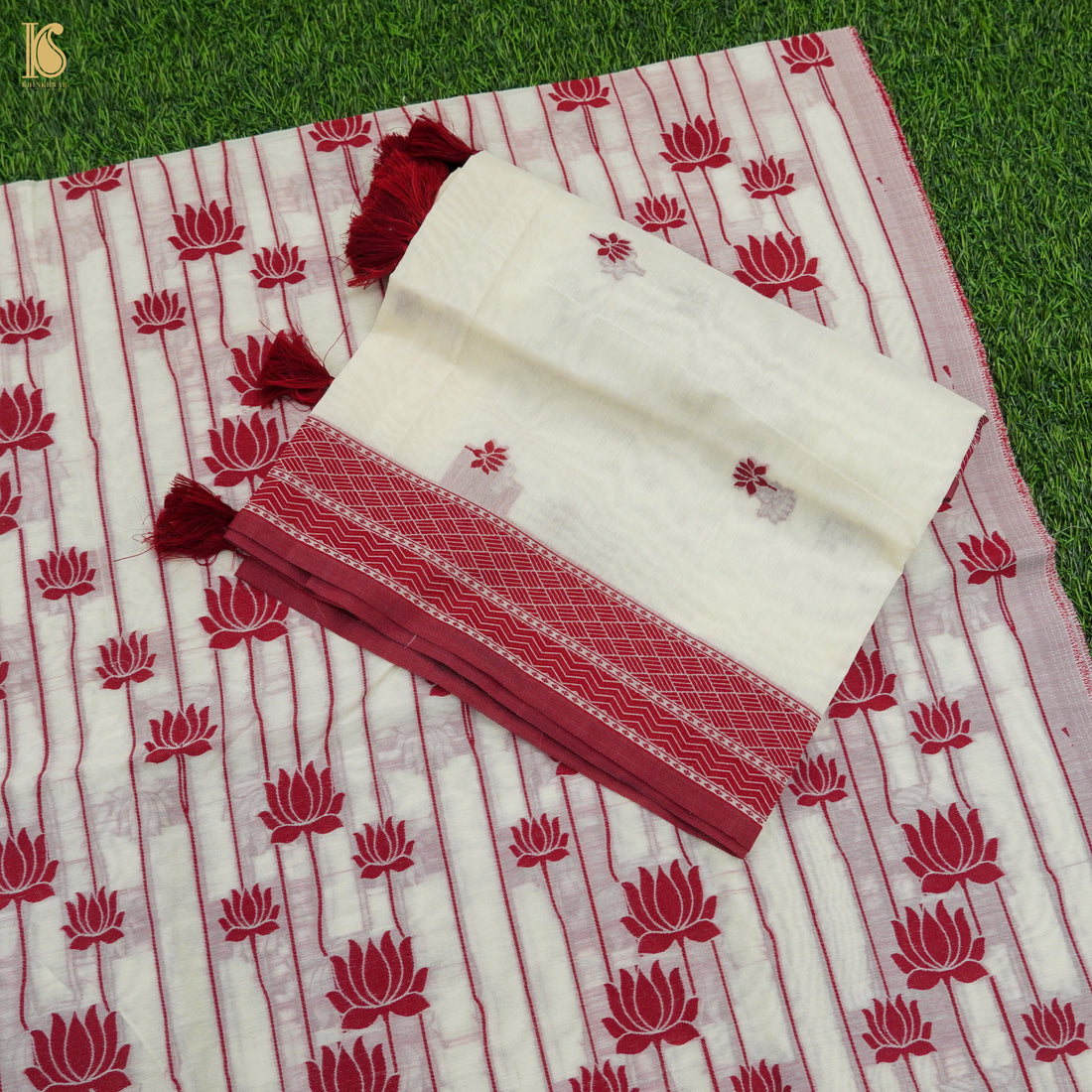 White & Red Pure Cotton Silk Banarasi Suit Set - Khinkhwab
