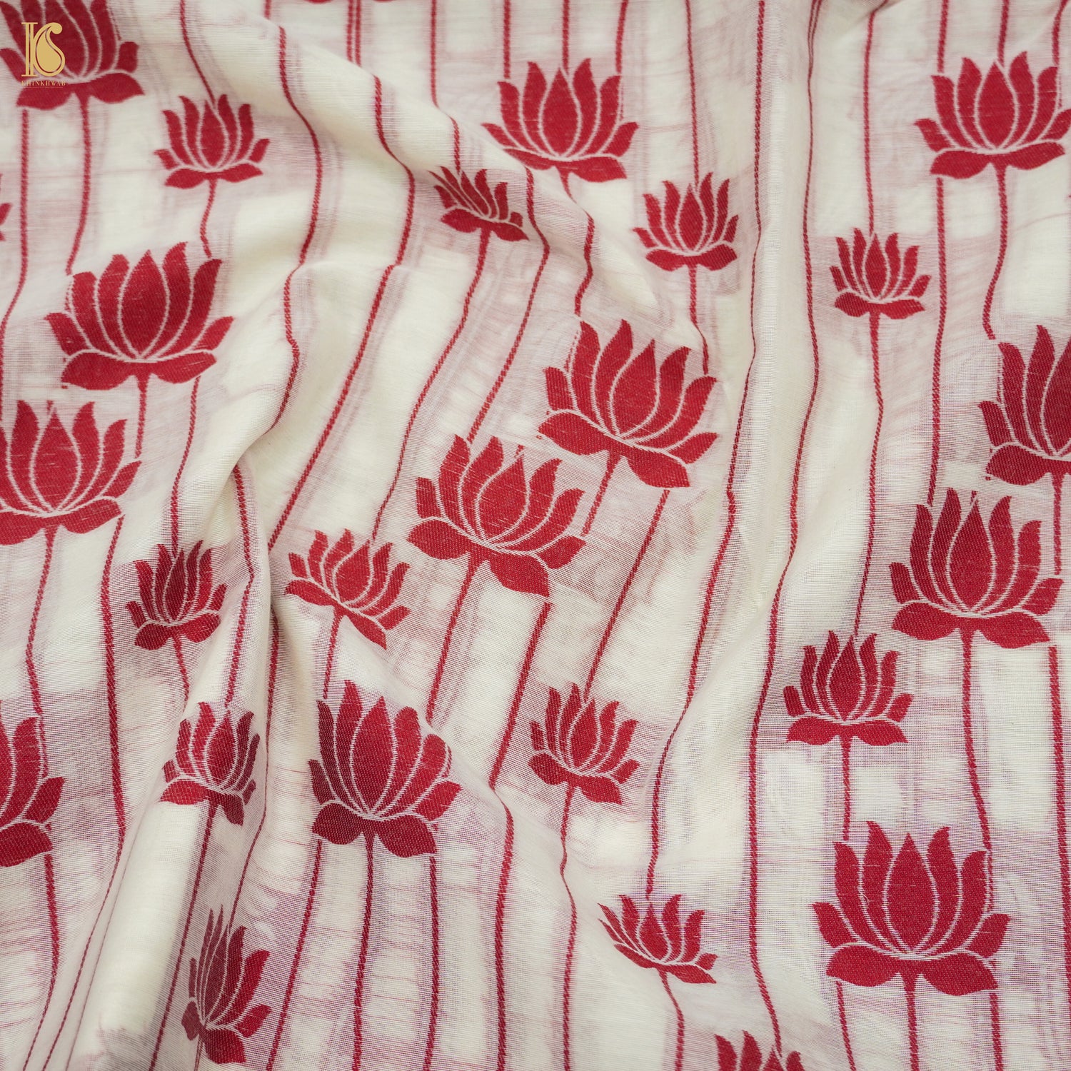 White &amp; Red Pure Cotton Silk Banarasi Suit Set - Khinkhwab