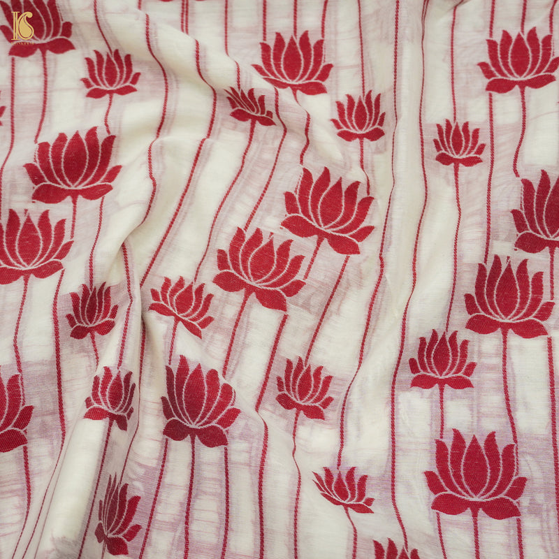 White & Red Pure Cotton Silk Banarasi Suit Set - Khinkhwab