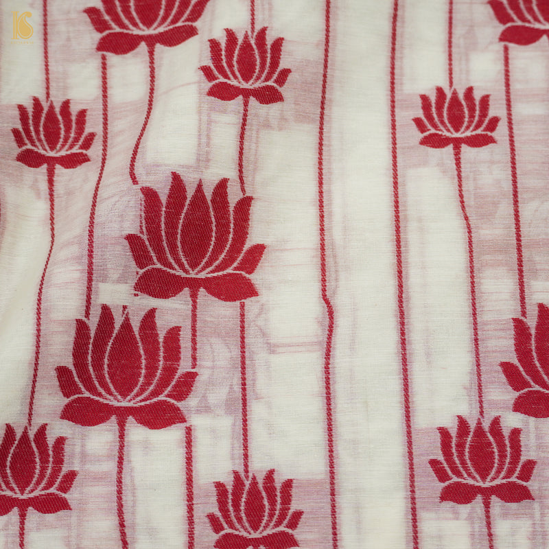 White & Red Pure Cotton Silk Banarasi Suit Set - Khinkhwab