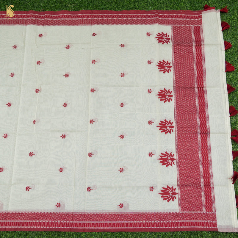 White & Red Pure Cotton Silk Banarasi Suit Set - Khinkhwab