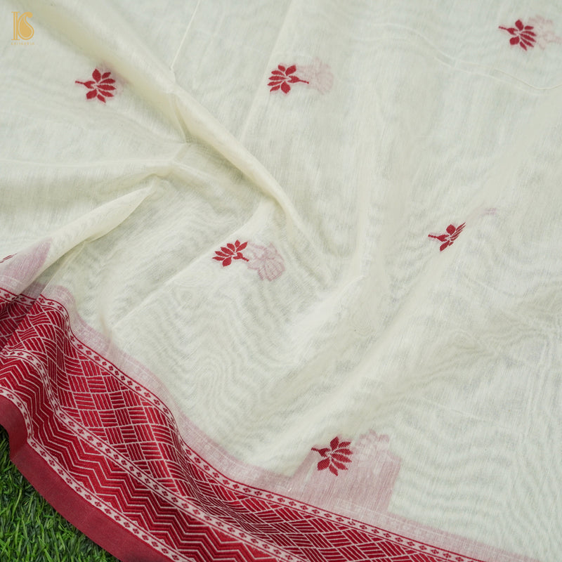 White & Red Pure Cotton Silk Banarasi Suit Set - Khinkhwab