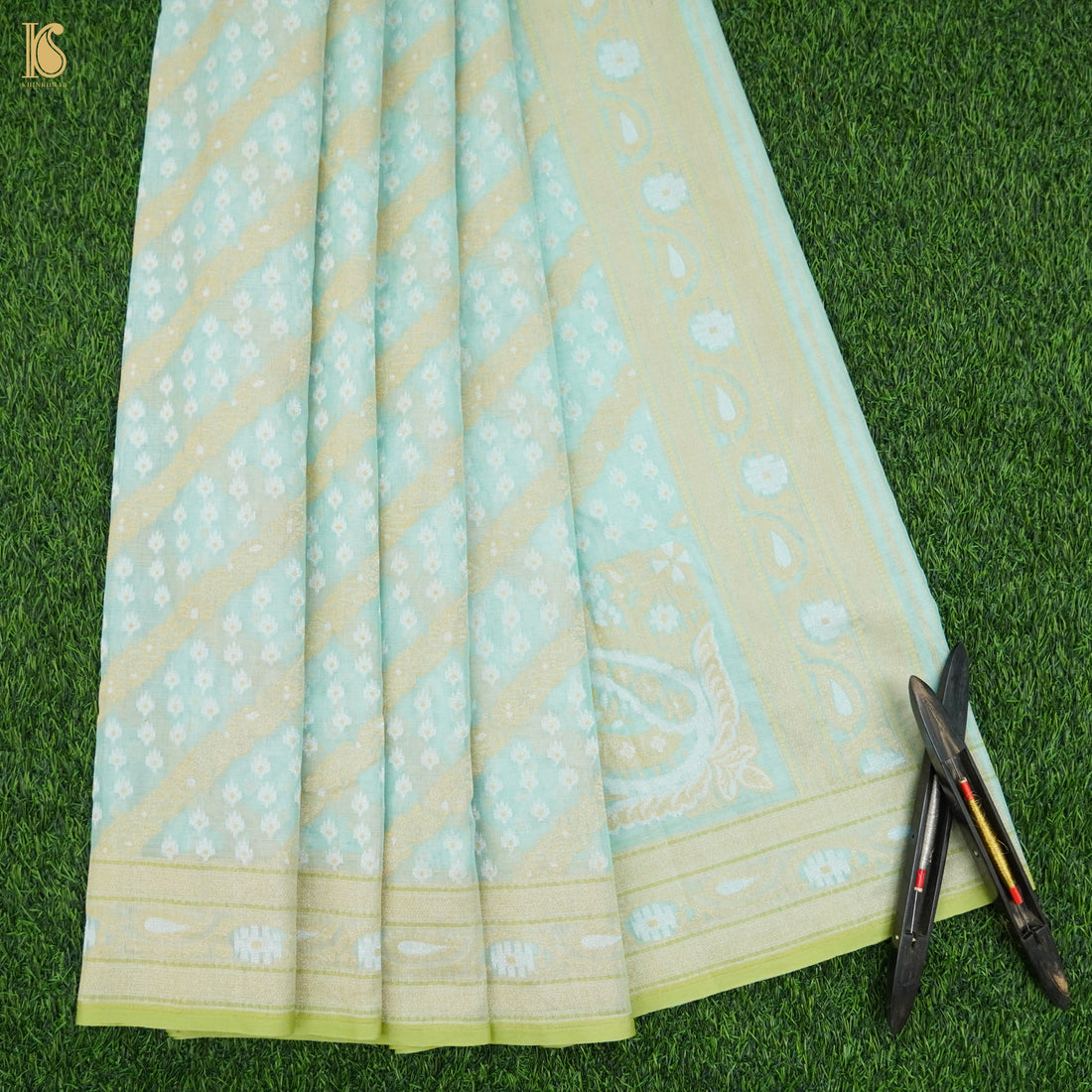 Cruise Blue Pure Cotton Handloom Banarasi Jamdani Ektara Saree - Khinkhwab