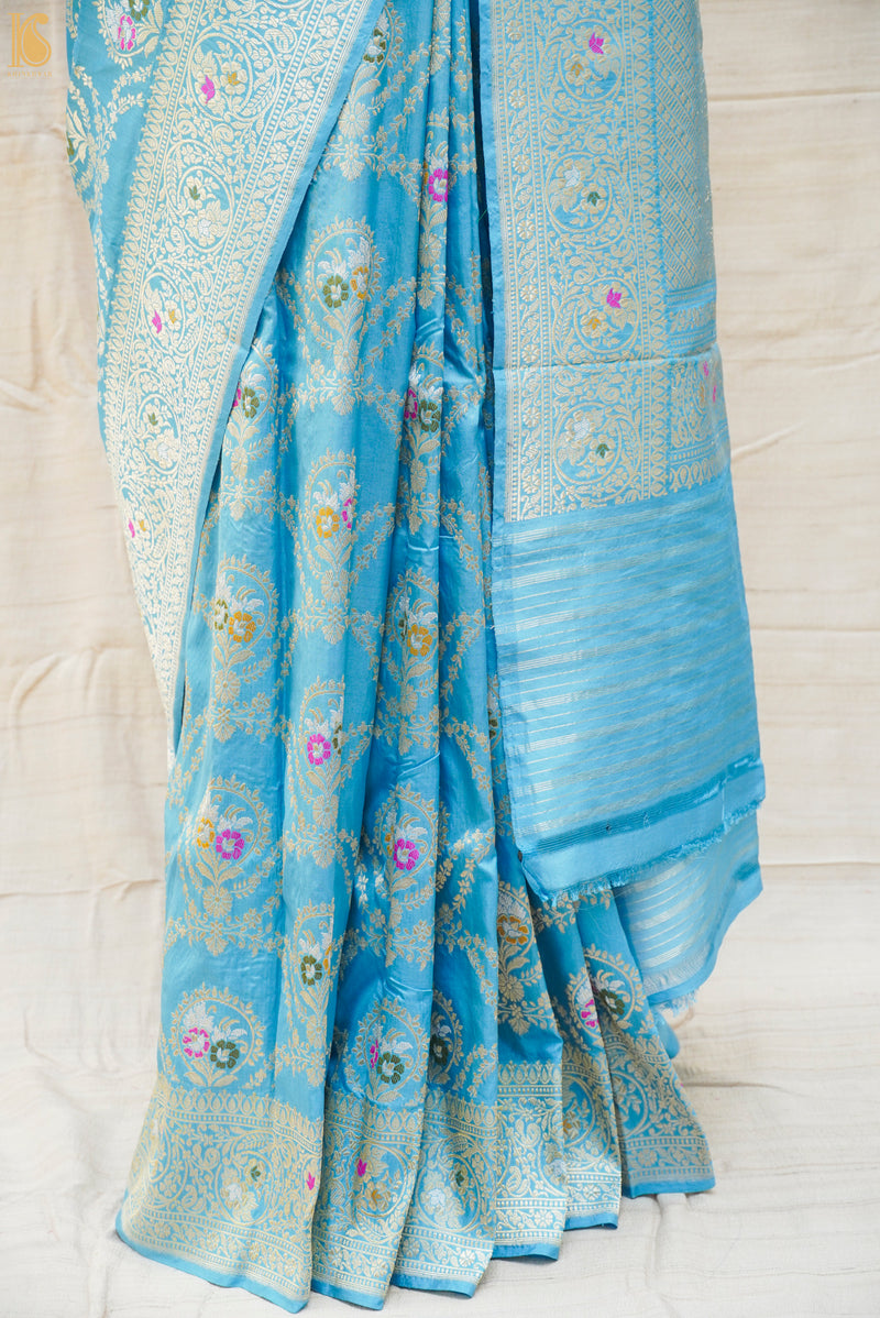 Malibu Blue Pure Katan Silk Handwoven Banarasi Kadwa Saree - Khinkhwab