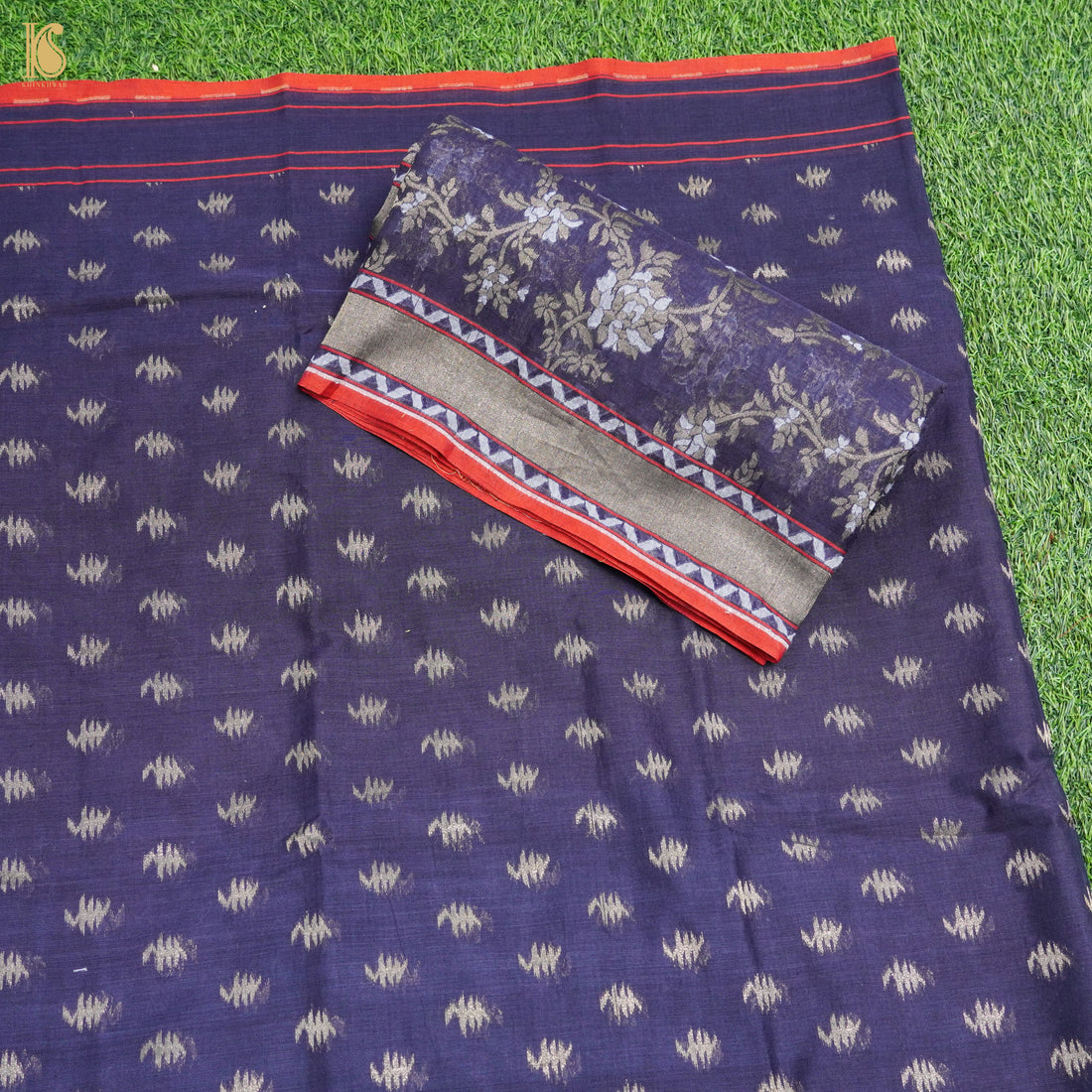Blue Handloom Pure Cotton Banarasi Jamdani Ektara Suit Fabric Set - Khinkhwab