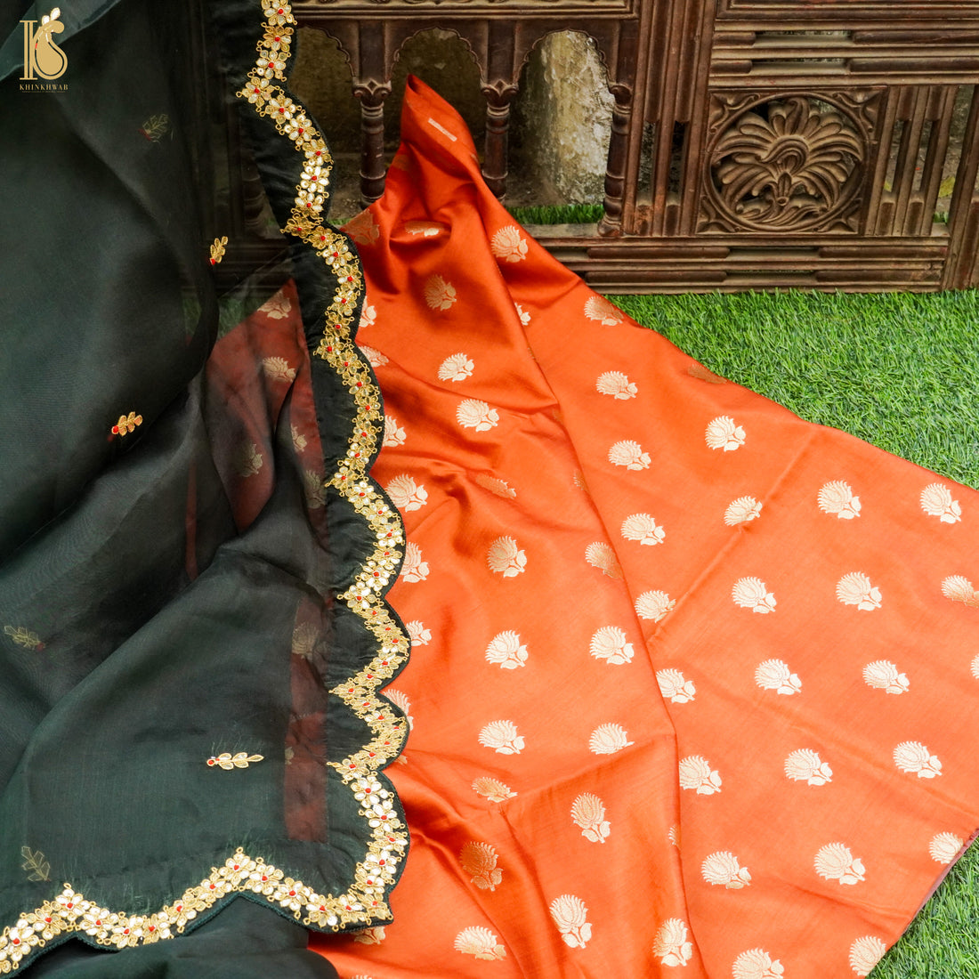 Orange Pure Moonga Silk Handloom Banarasi Suit Fabric - Khinkhwab