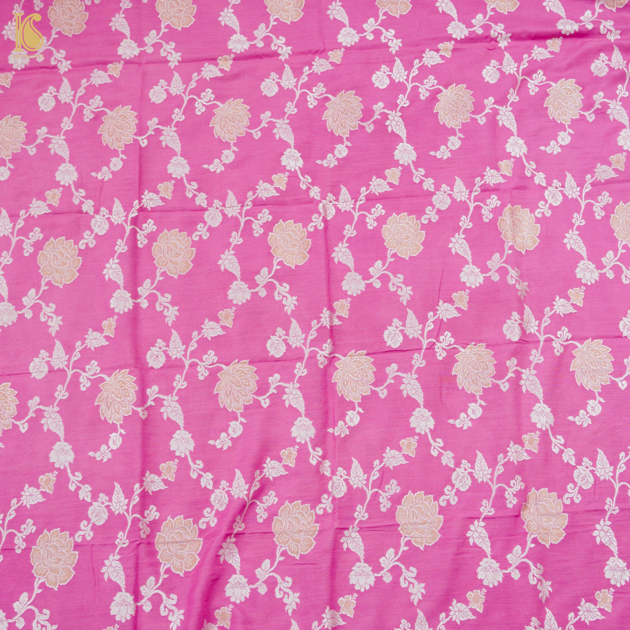 Hopbush Pink Pure Moonga Silk Handloom Banarasi Suit Fabric - Khinkhwab