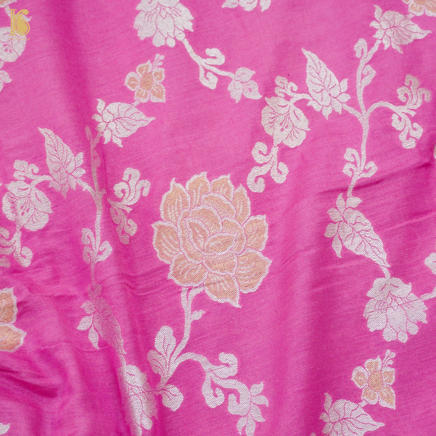 Hopbush Pink Pure Moonga Silk Handloom Banarasi Suit Fabric - Khinkhwab