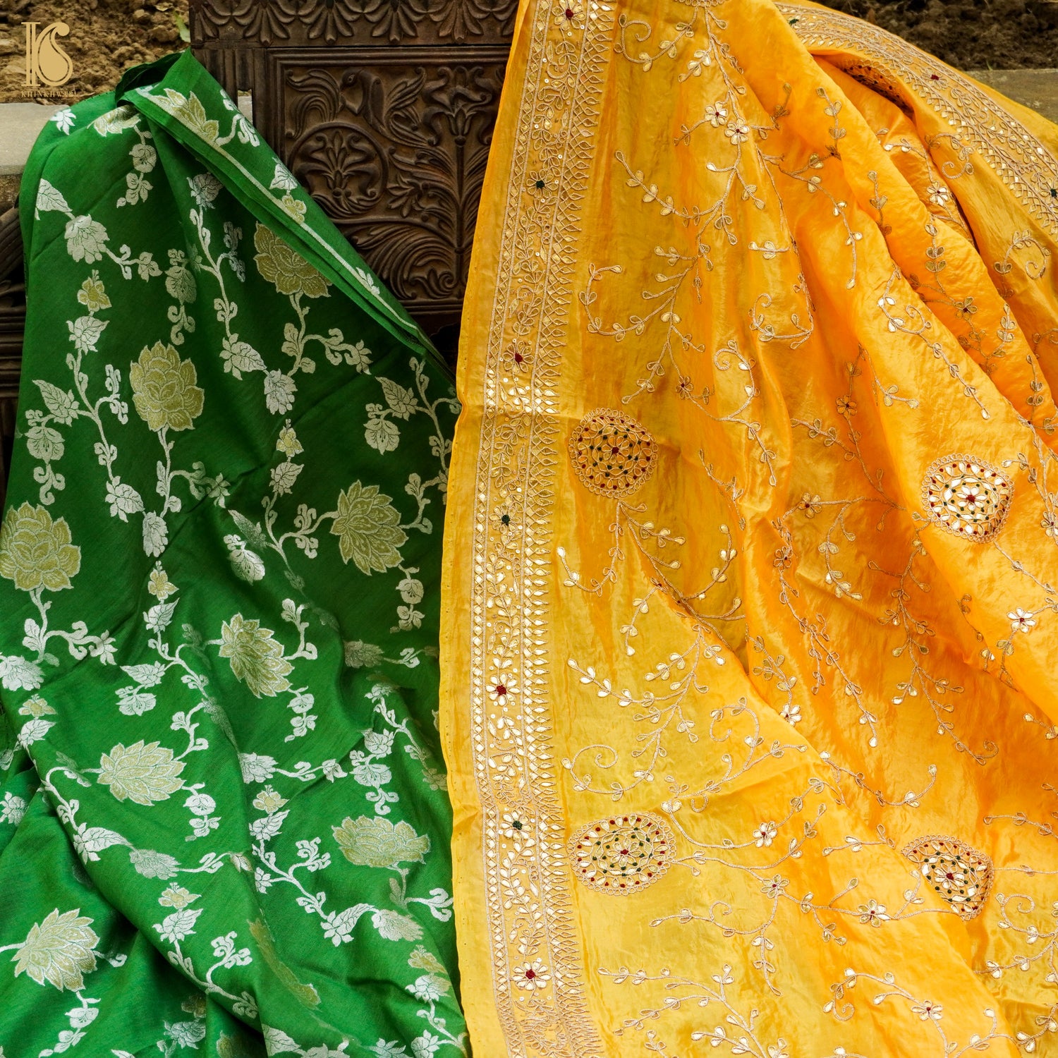 Chateau Green Pure Moonga Silk Handloom Banarasi Suit Fabric - Khinkhwab
