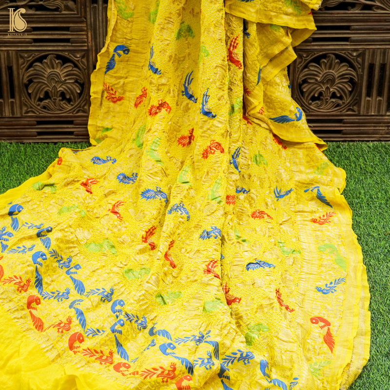 Sunflower Yellow Handloom Banarasi Pure Georgette Birds Bandhani Saree - Khinkhwab
