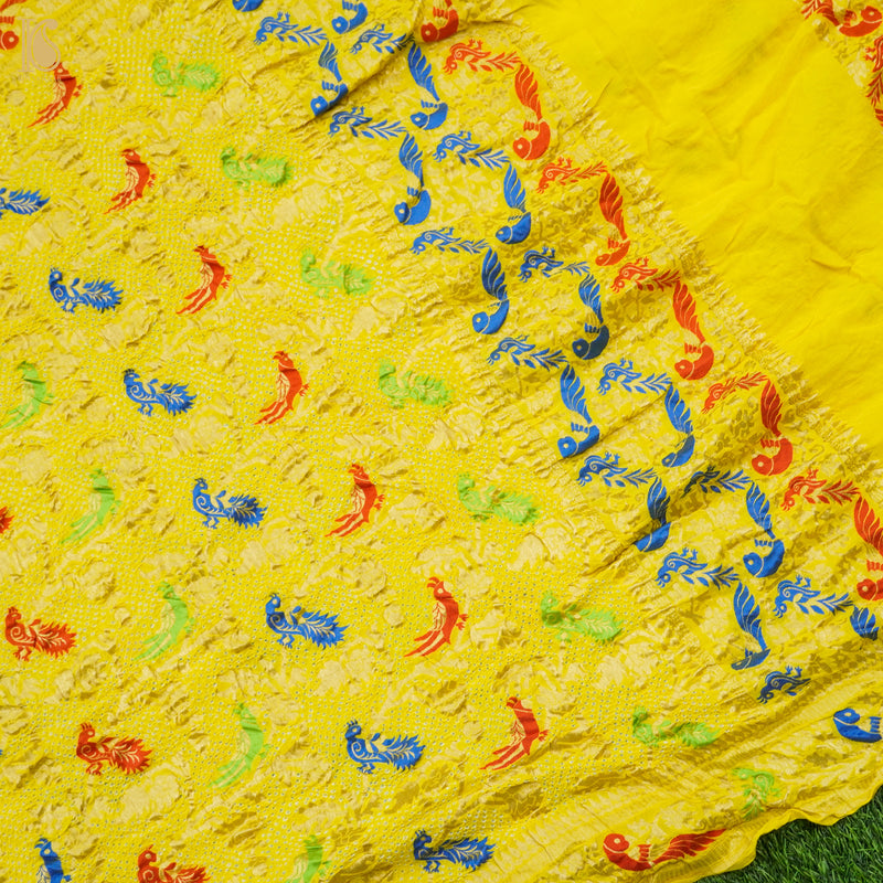 Sunflower Yellow Handloom Banarasi Pure Georgette Birds Bandhani Saree - Khinkhwab