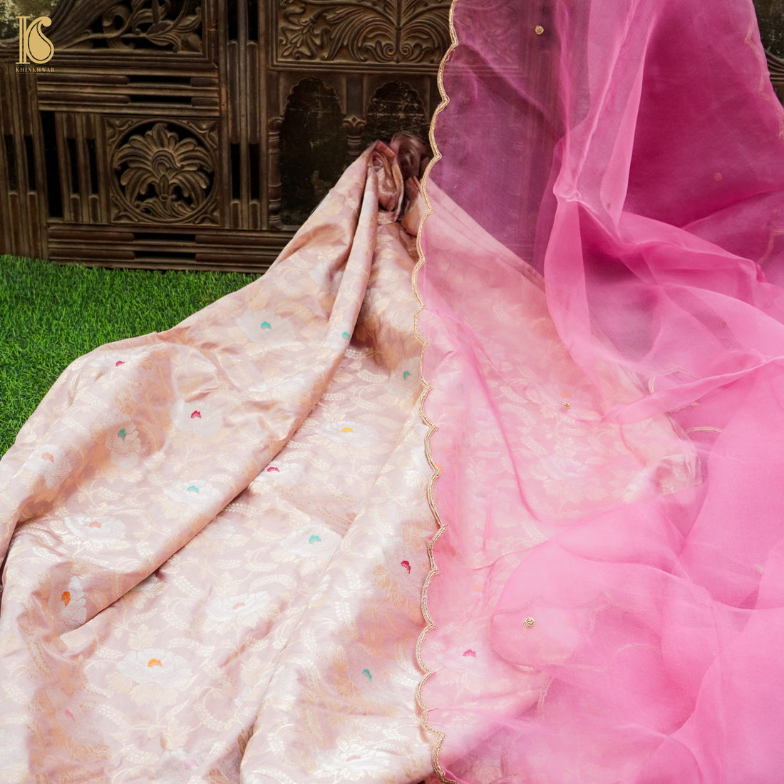Pink Flare Pure Katan Silk Banarasi Meenakari Jaal Fabric - Khinkhwab