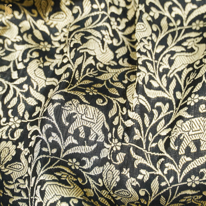 Black Pure Katan Silk Handloom Banarasi Shikargah Fabric - Khinkhwab