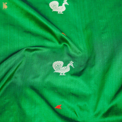 Pigment Green Handwoven Pure Katan Silk Banarasi Peacock Kadwa Fabric - Khinkhwab