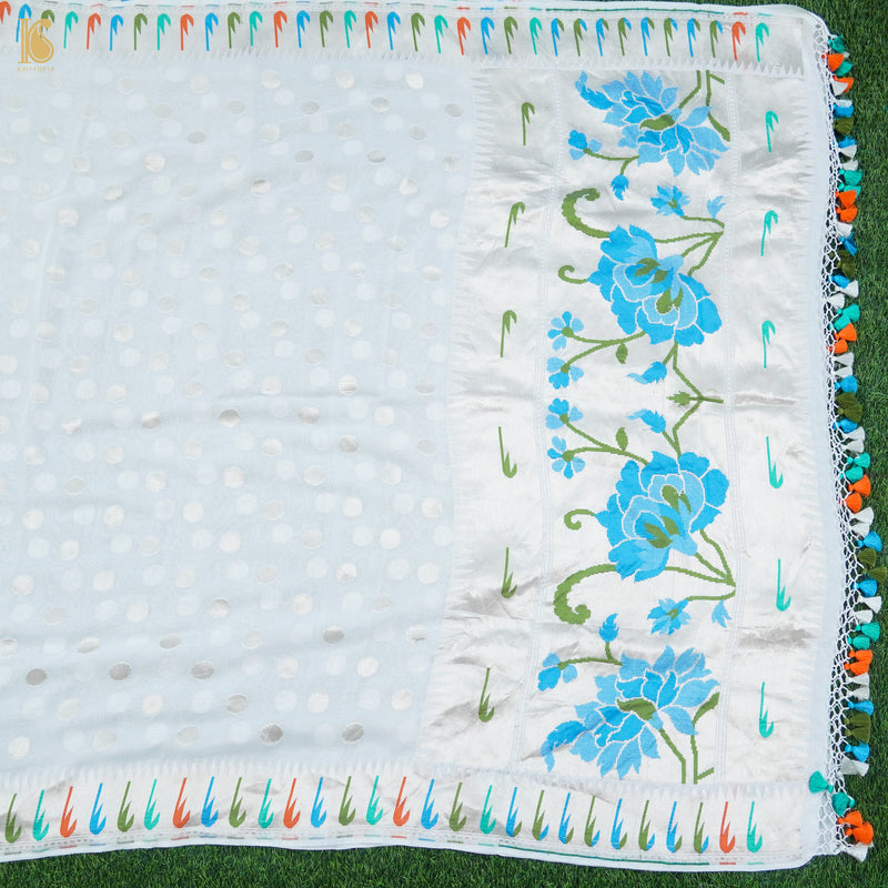 Handloom Pure Georgette Silver Zari Banarasi Muniya Border Dupatta - Khinkhwab