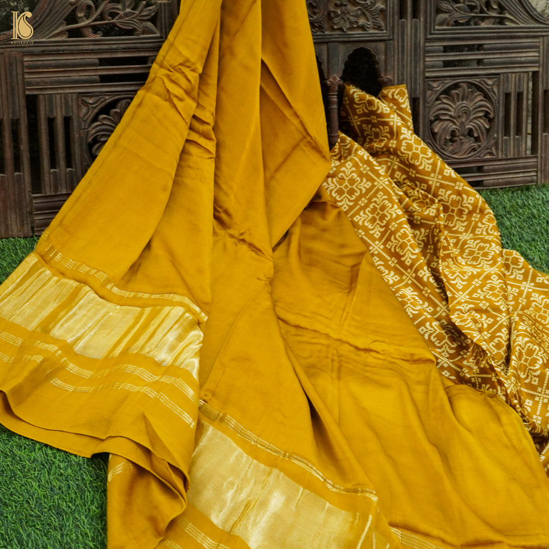 Gamboge Yellow Pure Mashru Silk Patola Ajrakh Kurta Set - Khinkhwab