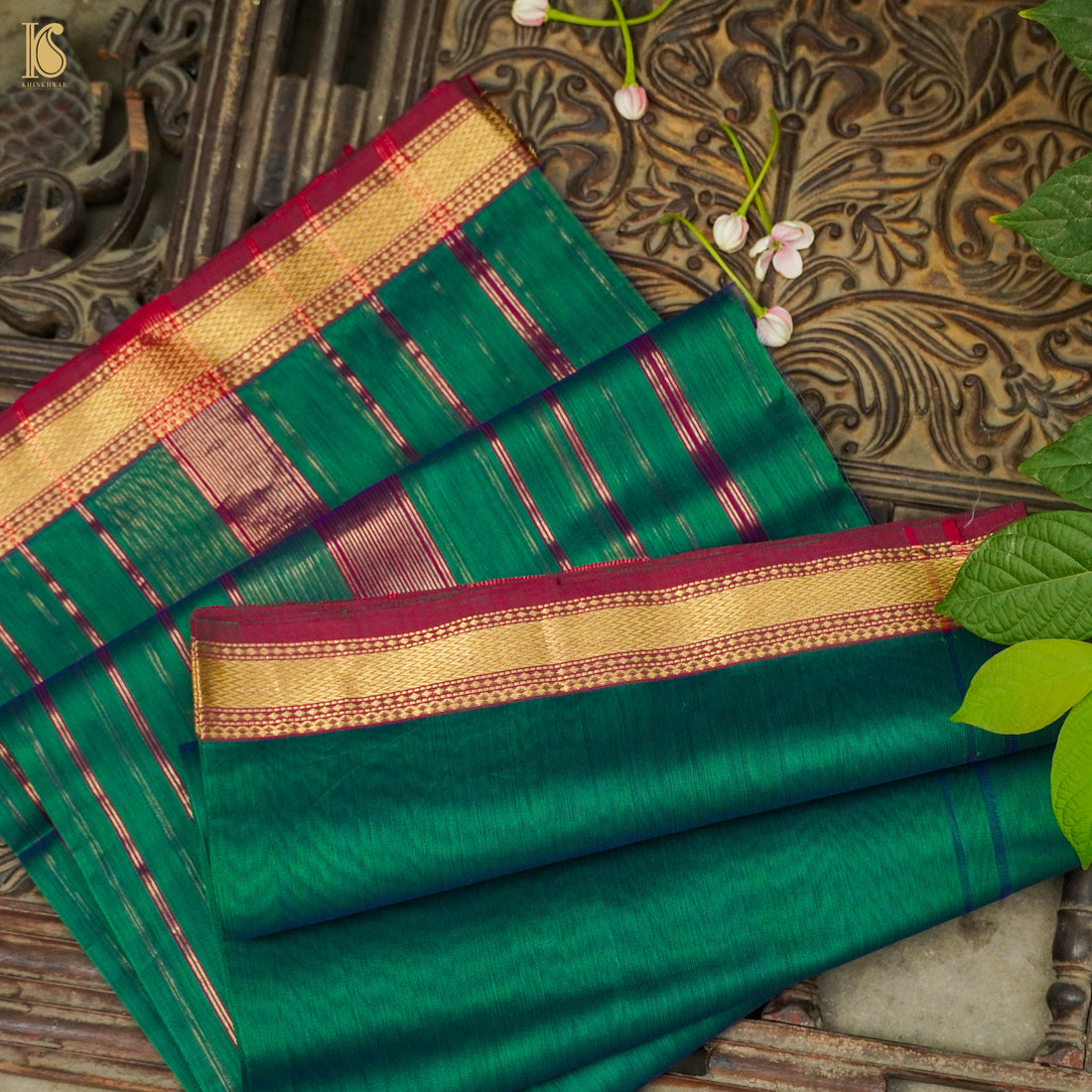 Rain Forest Green Handwoven Pure Cotton Silk Maheshwari Saree - Khinkhwab