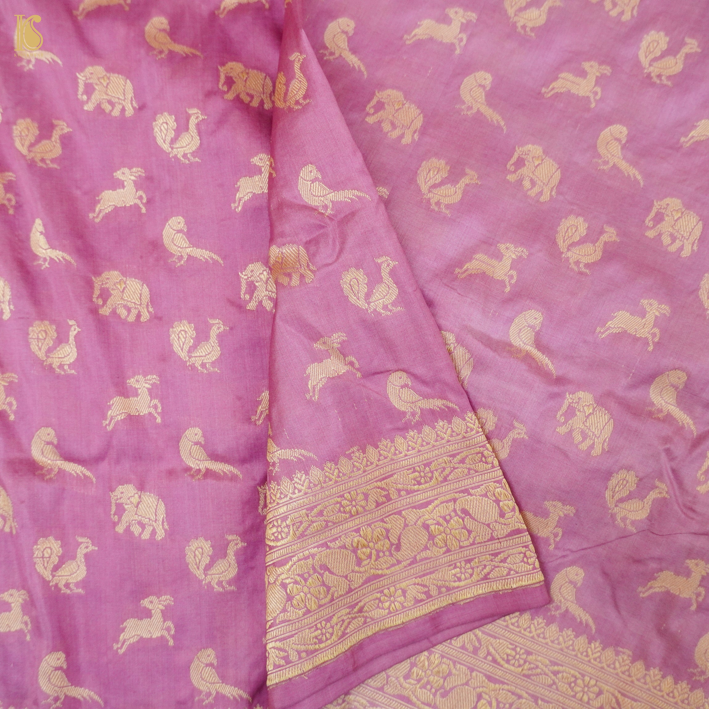 Hopbush Pink Handloom Pure Katan Silk Banarasi Suit &amp; Dupatta Set - Khinkhwab