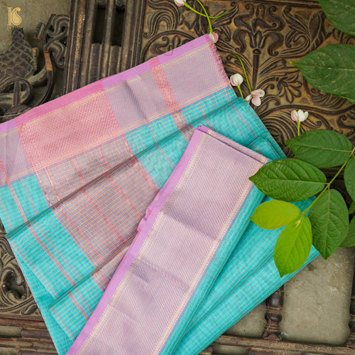 Bermuda Blue Handwoven Pure Cotton Silk Maheshwari Saree - Khinkhwab