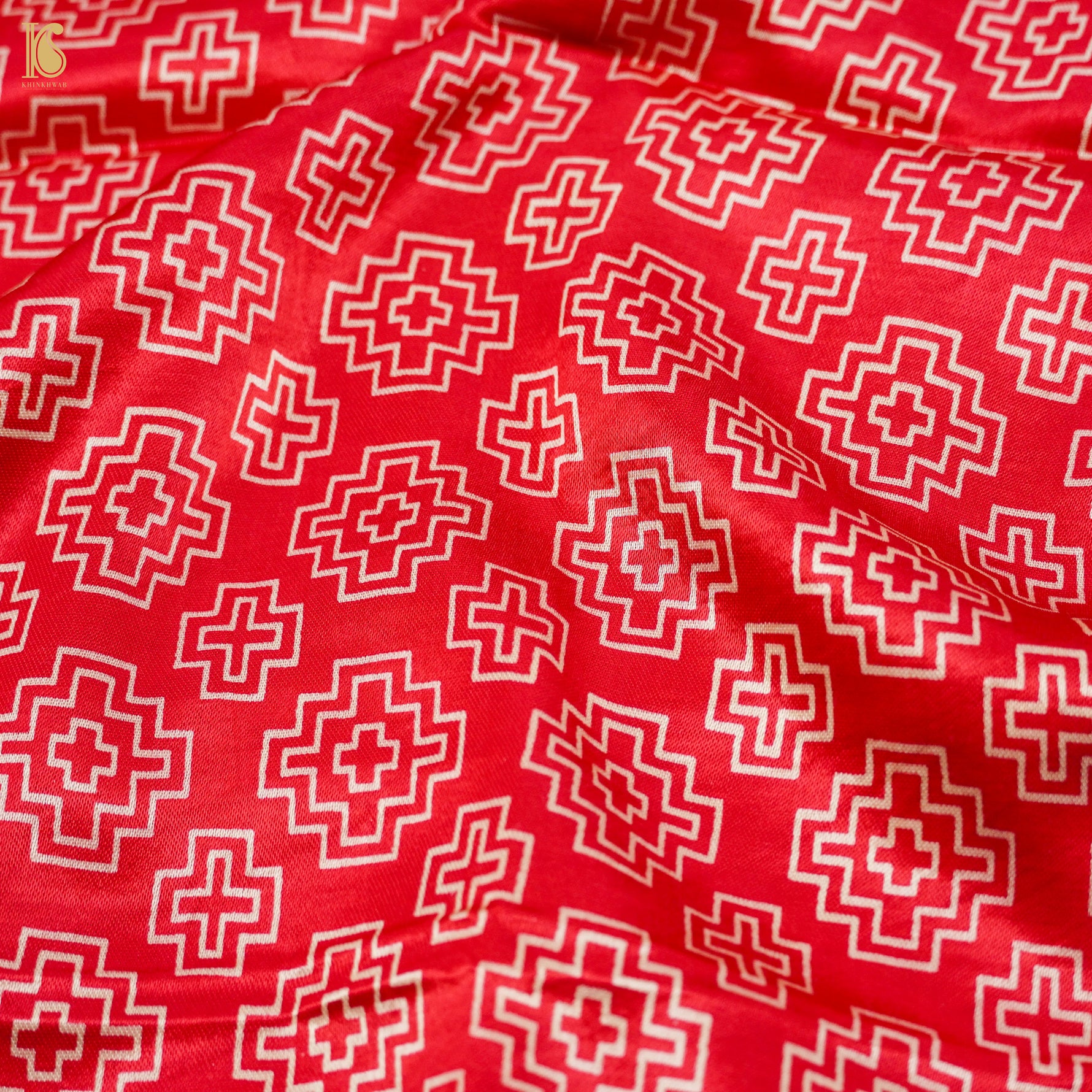 Dark Red - Plain Mashru Silk with Patchwork Floral A-Line Kurta