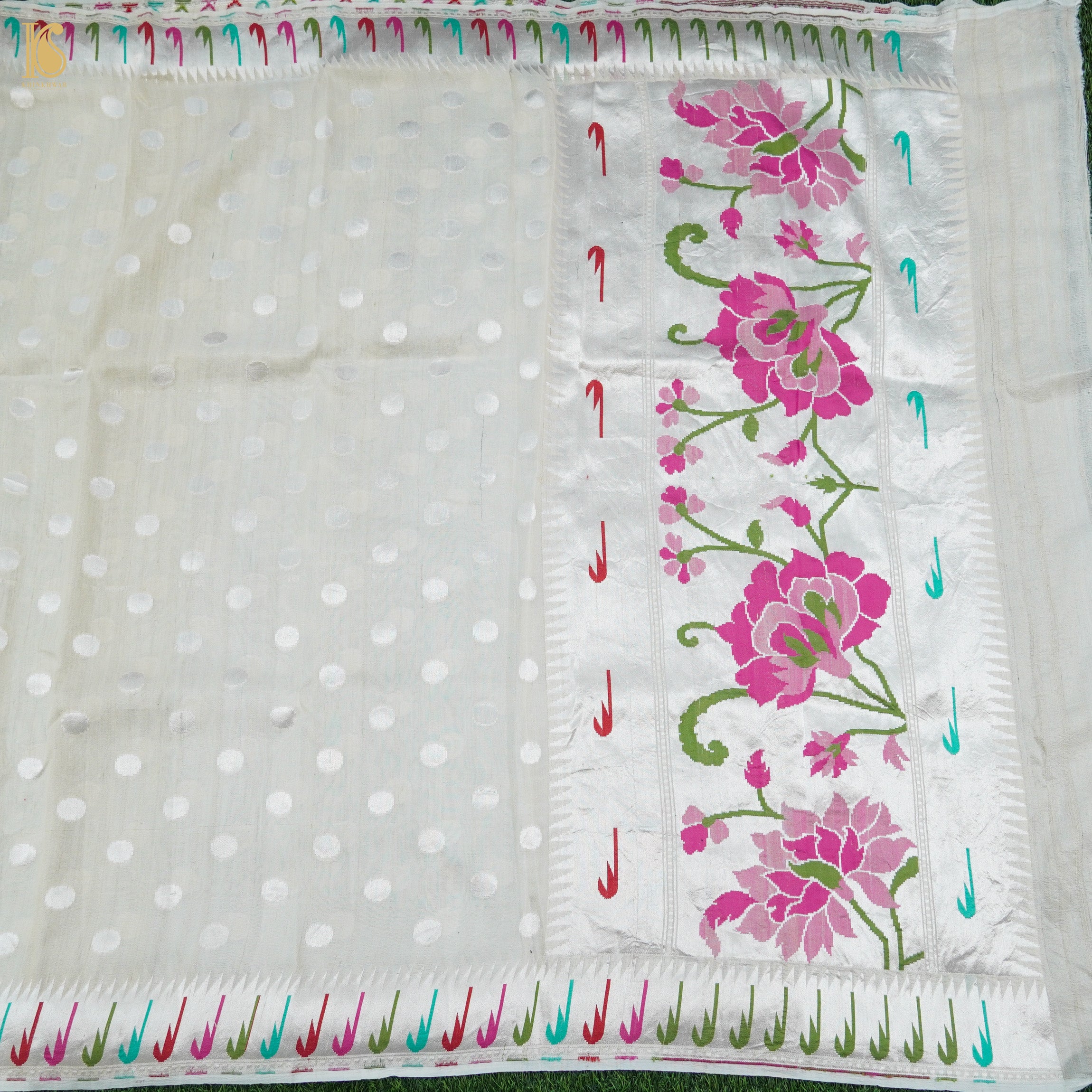 Preorder: Handloom Pure Tussar Silk Silver Zari Banarasi Muniya Border Dupatta - Khinkhwab