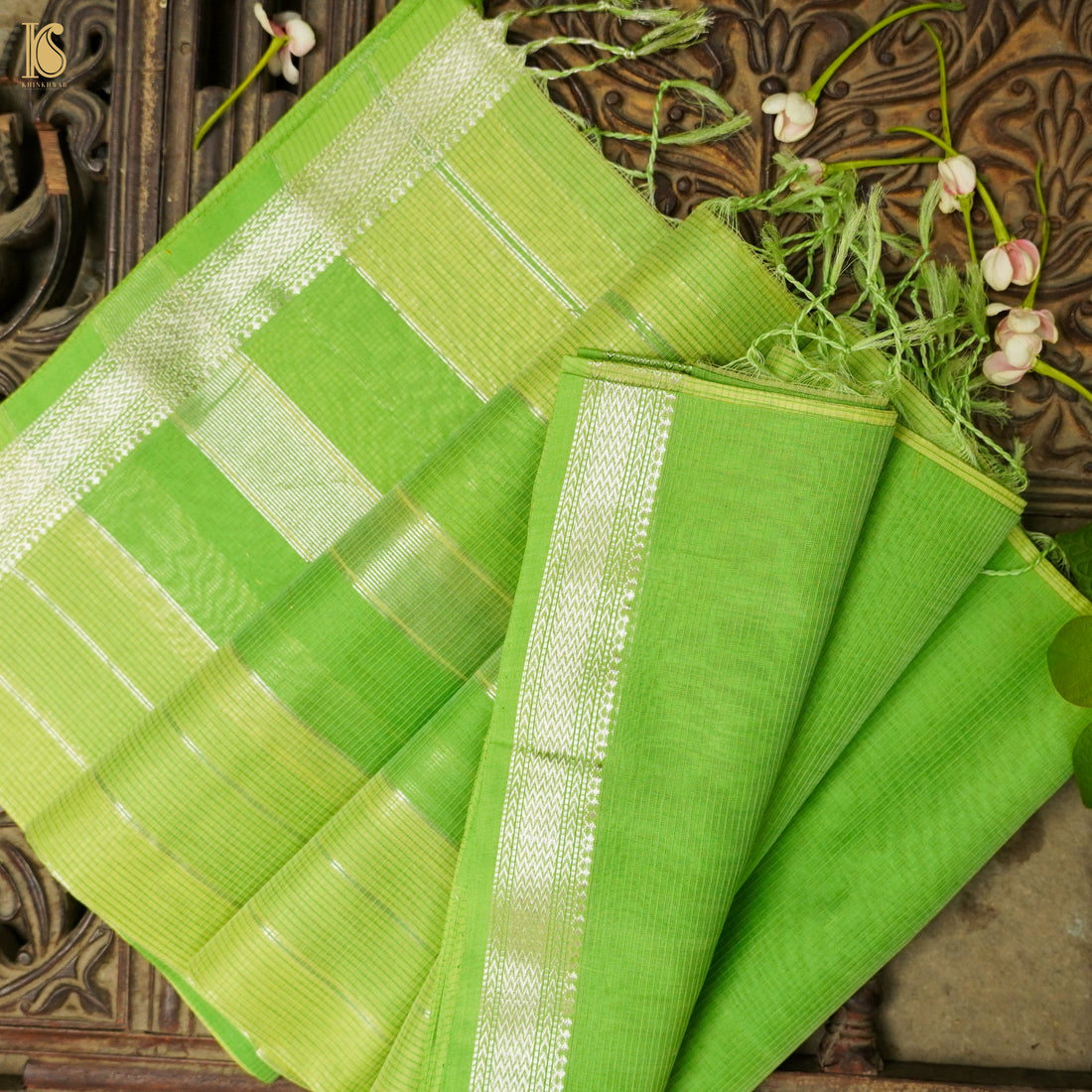 Wild Willow Green Handwoven Pure Cotton Silk Maheshwari Saree - Khinkhwab