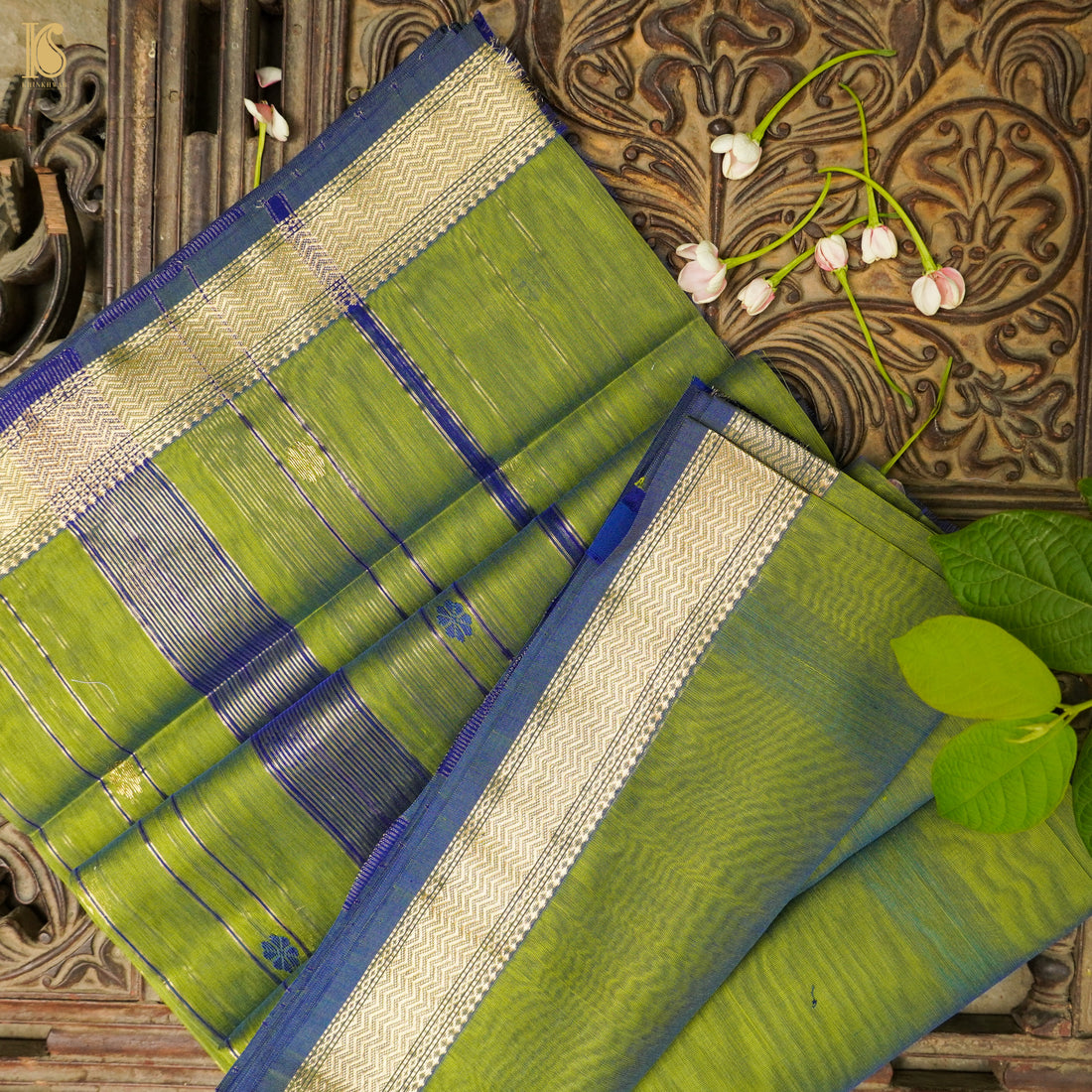 Green &amp; Blue Handwoven Pure Cotton Silk Maheshwari Saree - Khinkhwab