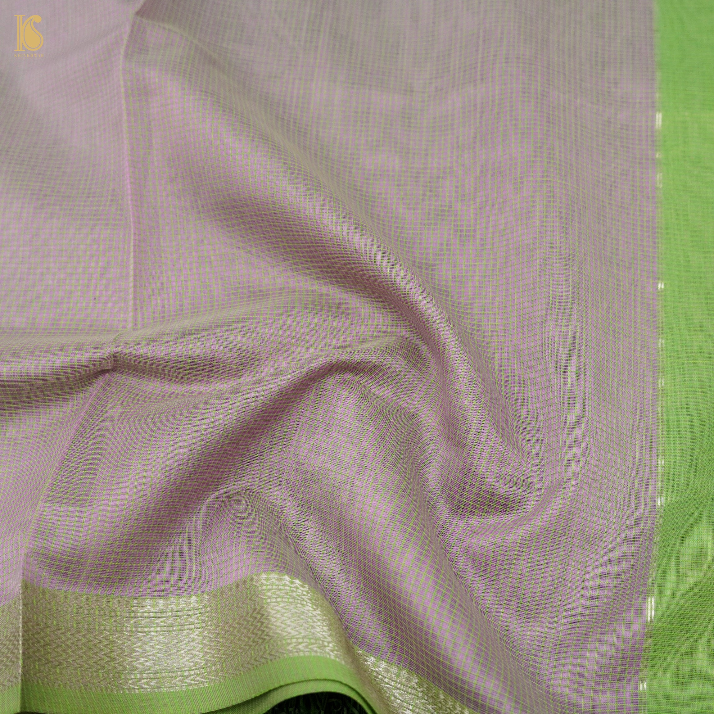 Beige &amp; Green Handwoven Pure Cotton Silk Maheshwari Saree - Khinkhwab