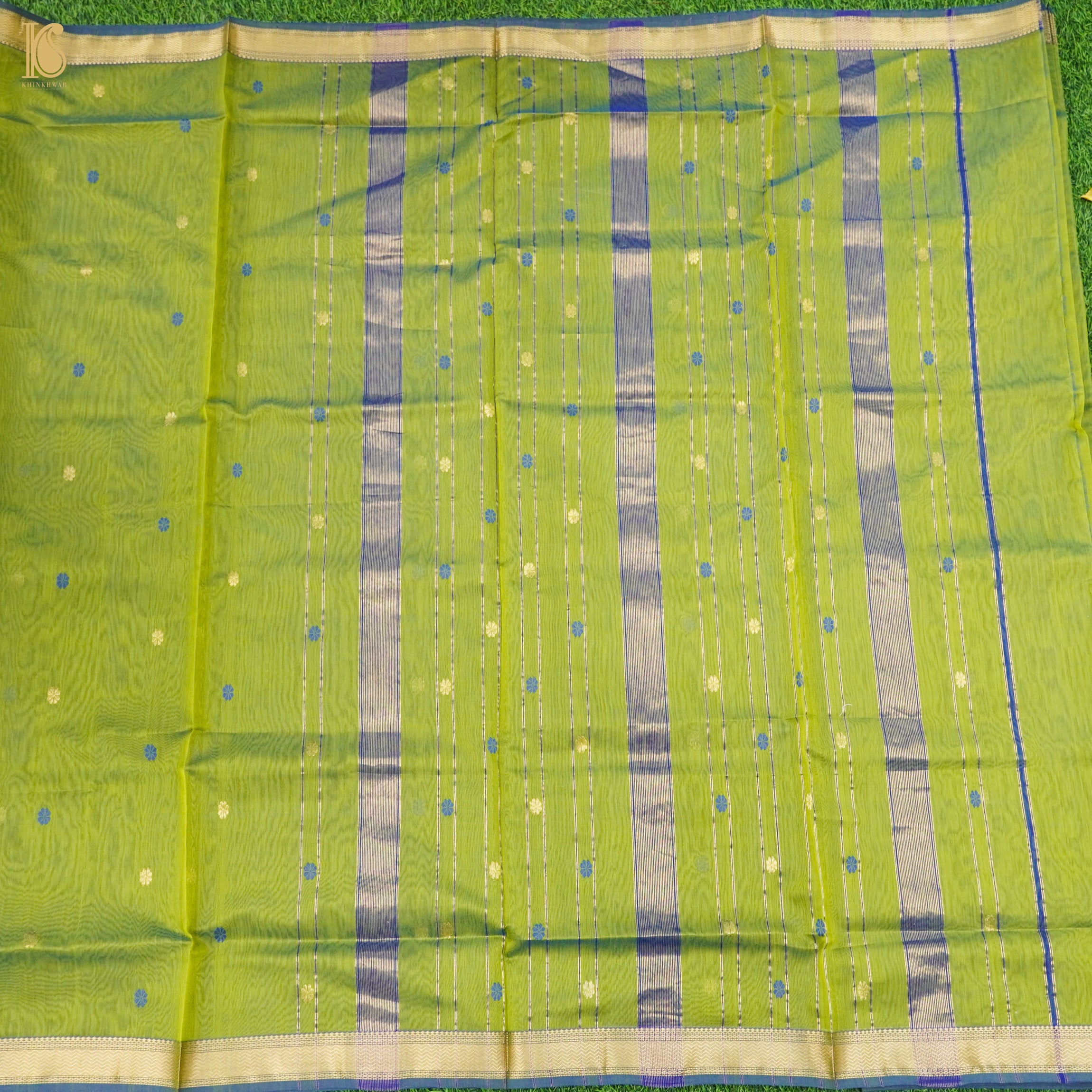 Green &amp; Blue Handwoven Pure Cotton Silk Maheshwari Saree - Khinkhwab