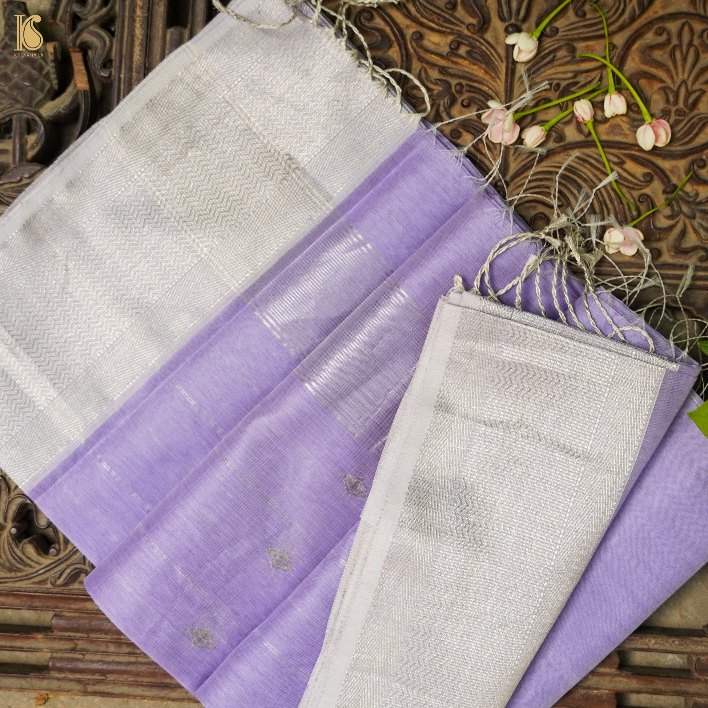 Lavendar Handwoven Pure Cotton Silk Maheshwari Saree - Khinkhwab