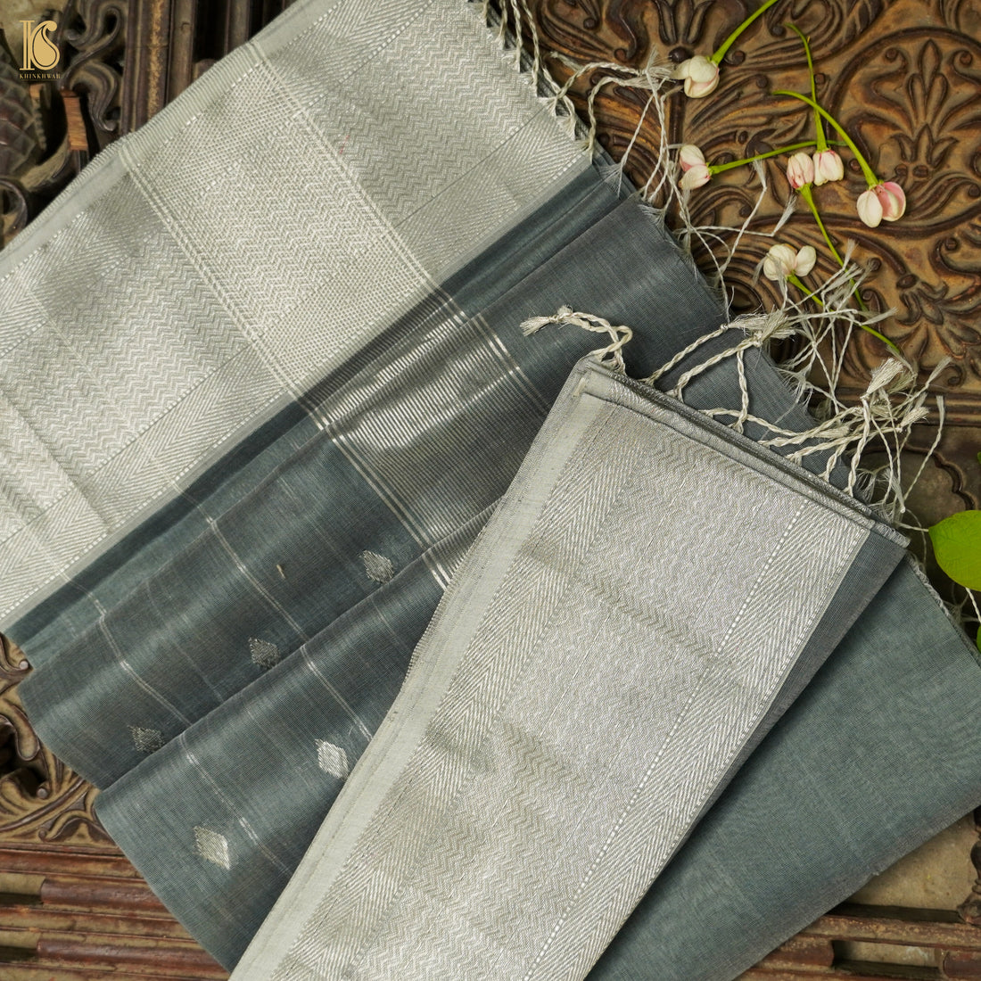 Grey Handwoven Pure Cotton Silk Maheshwari Saree - Khinkhwab