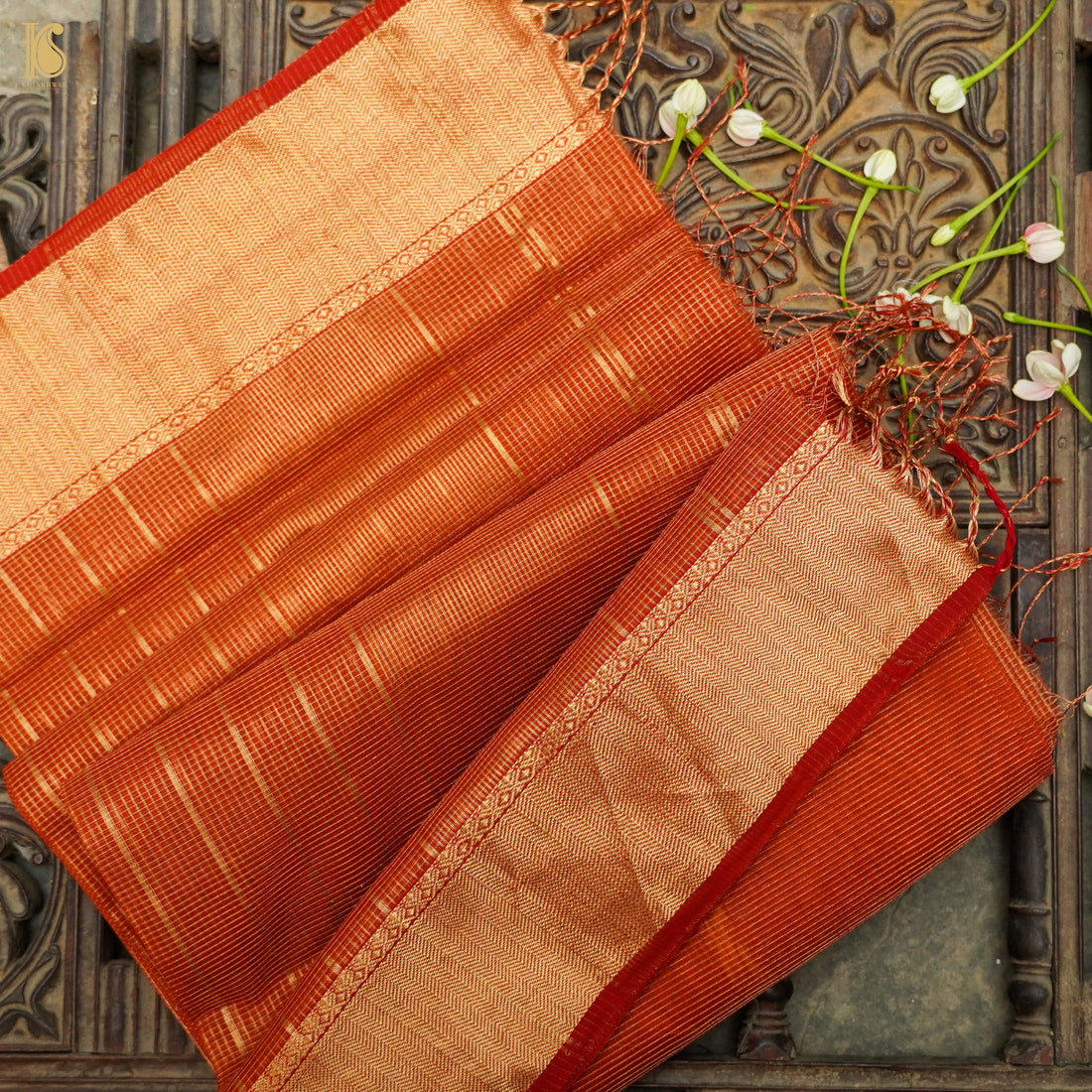 Tawny Orange Handwoven Pure Cotton Silk Maheshwari Saree - Khinkhwab