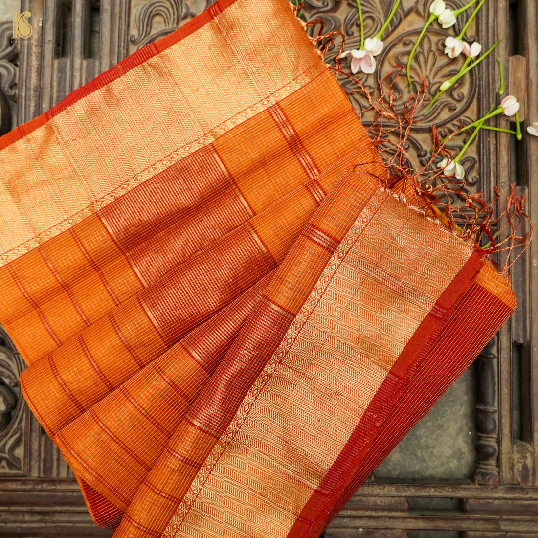 Orange Handwoven Pure Cotton Silk Maheshwari Saree - Khinkhwab