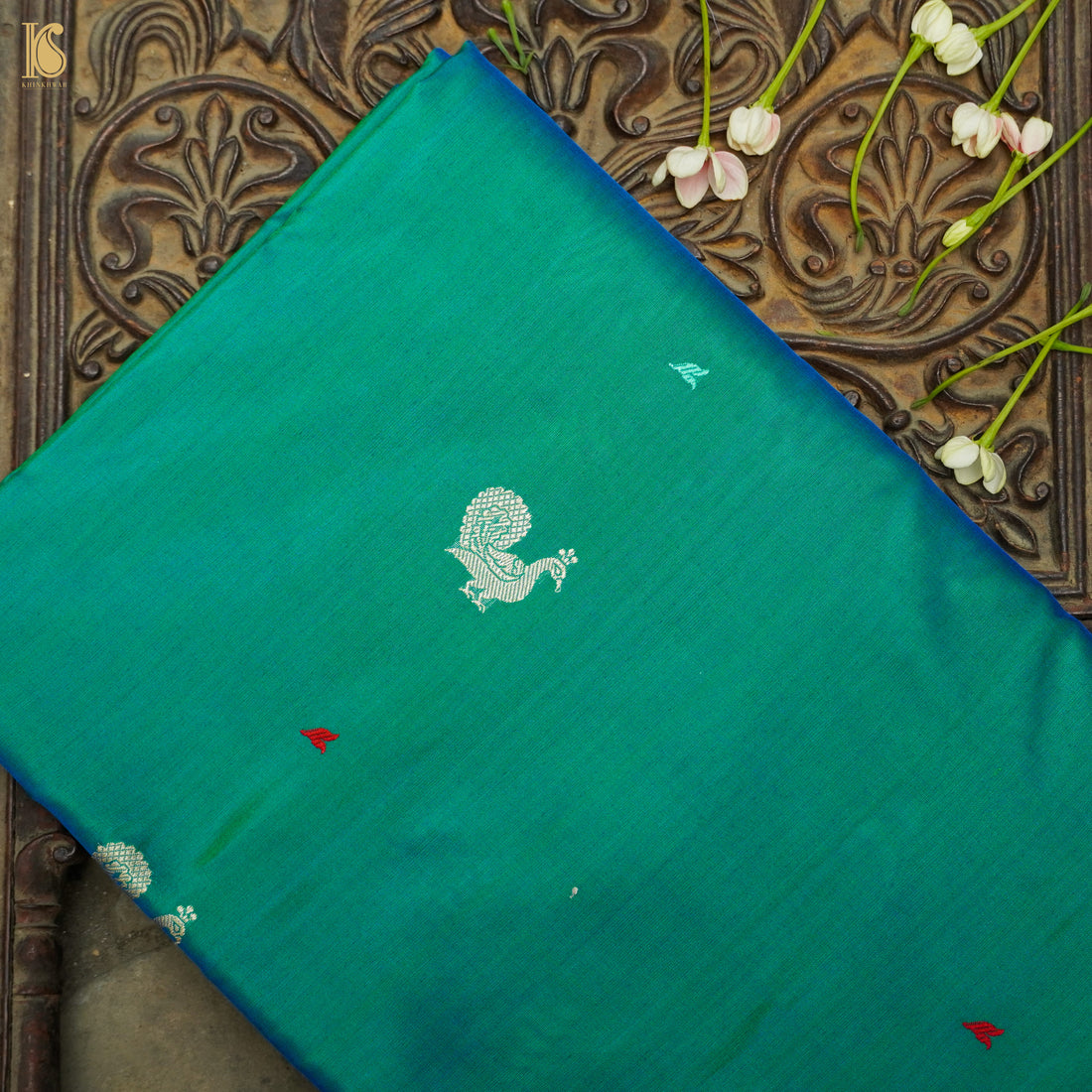 Persian Green Handwoven Pure Katan Silk Banarasi Peacock Kadwa Fabric - Khinkhwab