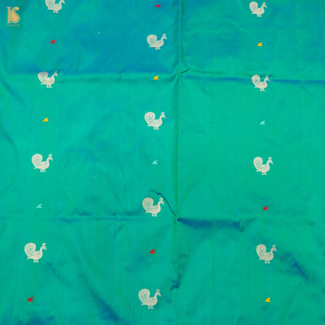 Persian Green Handwoven Pure Katan Silk Banarasi Peacock Kadwa Fabric - Khinkhwab