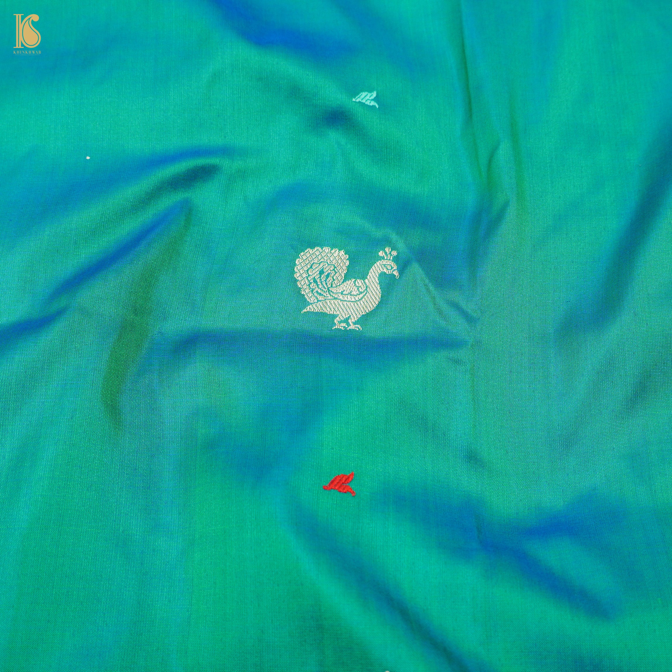 Persian Green Handwoven Pure Katan Silk Banarasi Peacock Kadwa Fabric - Khinkhwab